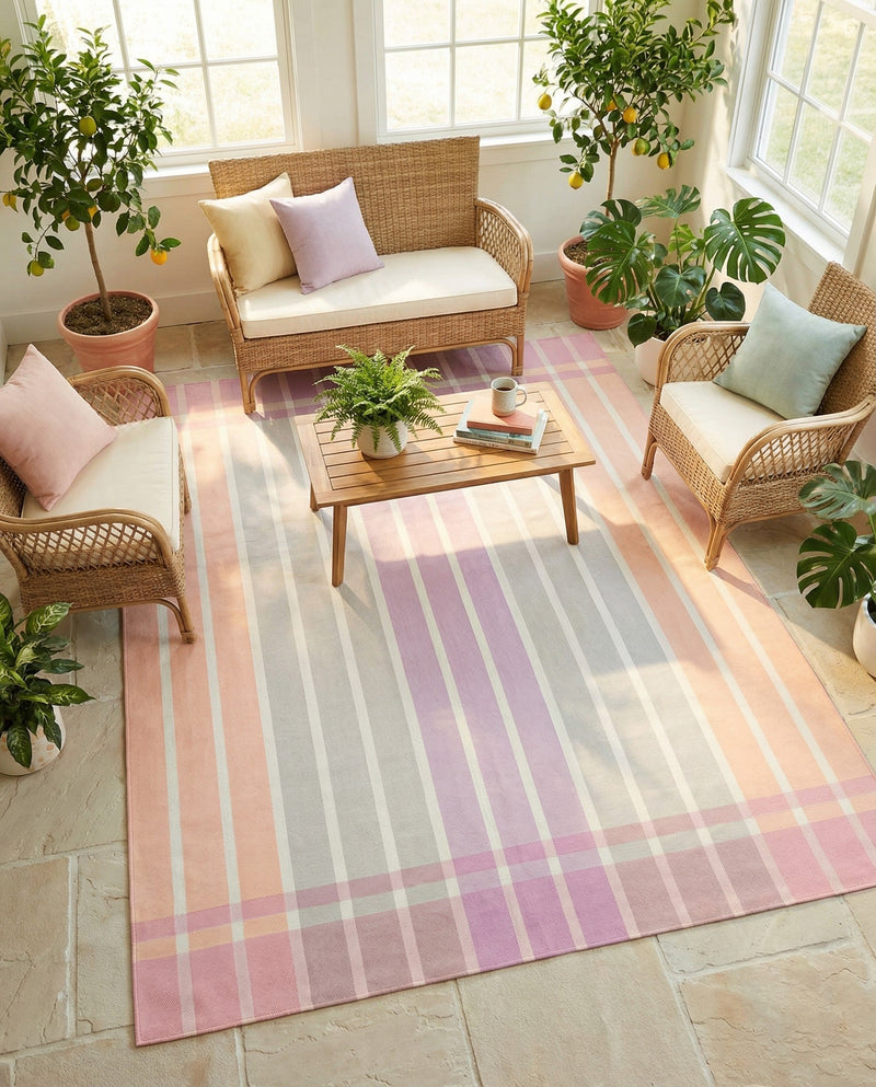 Seaside Stripes Collection Area Rug -  Coral Rectangle Pink and Lavender  lifestyle 62