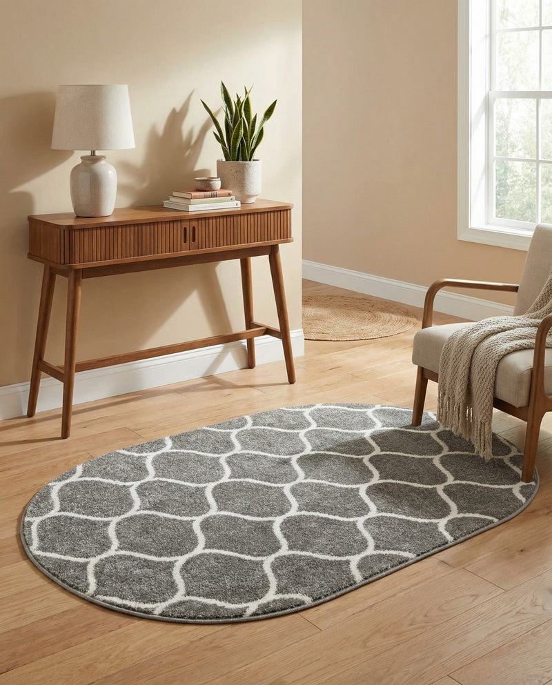 Trellis Mosaic Collection Area Rug -  Pergolatown (Dark Gray) Oval Dark Gray  lifestyle 54