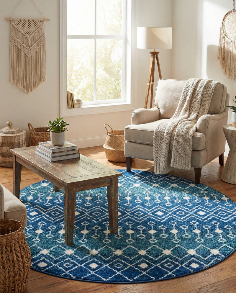 Mediterranean Lattice Collection Area Rug - Santorini (Navy and Teal) Round Navy and Teal  lifestyle 65