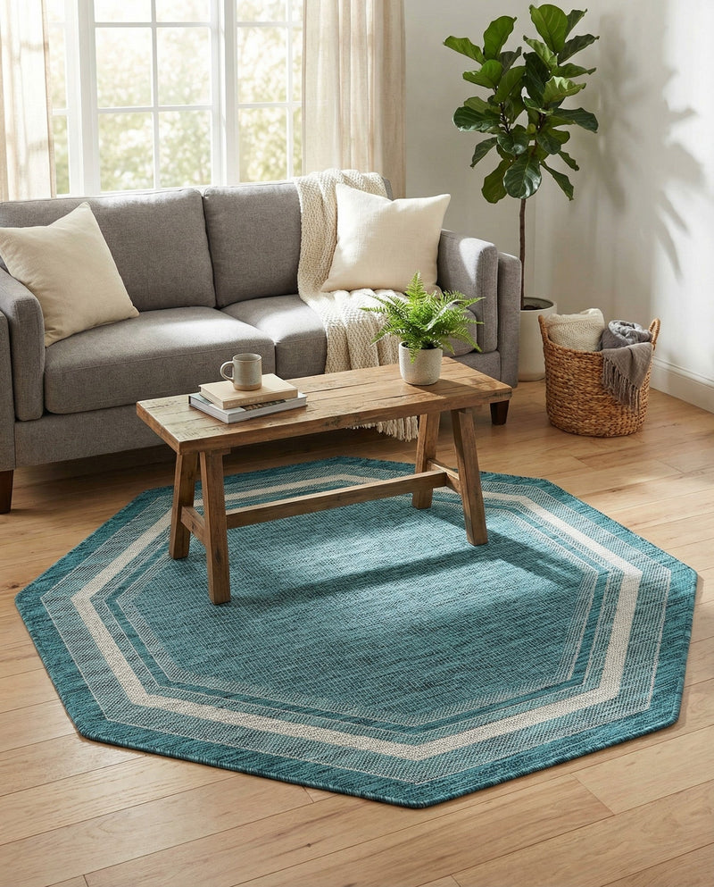 Terrace Fringe Collection Area Rug - Veranda (Teal) Octagon Teal  lifestyle 50