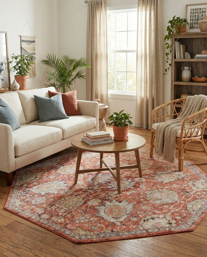 Seville Stripes Collection Area Rug -  Cordoba (Brick Red) Octagon Brick Red  lifestyle 74