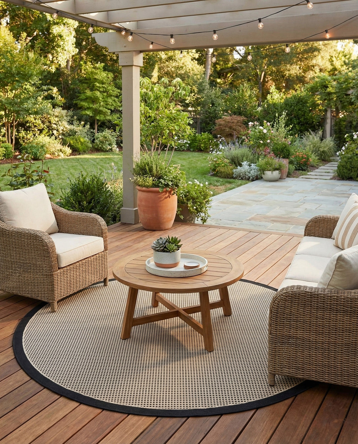 Terrace Fringe Collection Area Rug - Oceanside Round Black  lifestyle 163