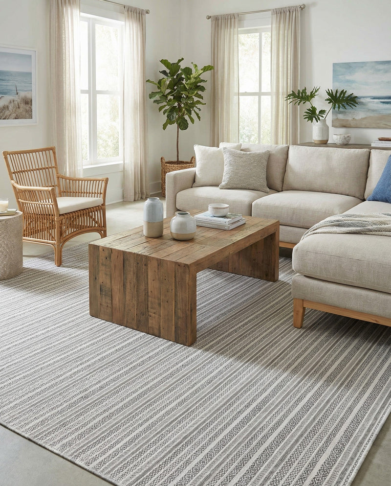 Seaside Stripes Collection Area Rug -  Boardwalk (Beige) Rectangle Beige  lifestyle 28