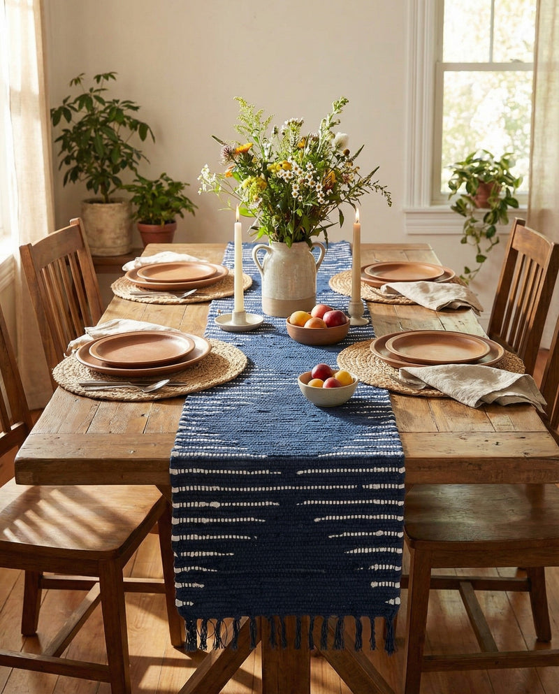 Thar Cotton Collection Area Rug - Jaisalmer (Navy Blue) Table Runner Navy Blue  lifestyle 69