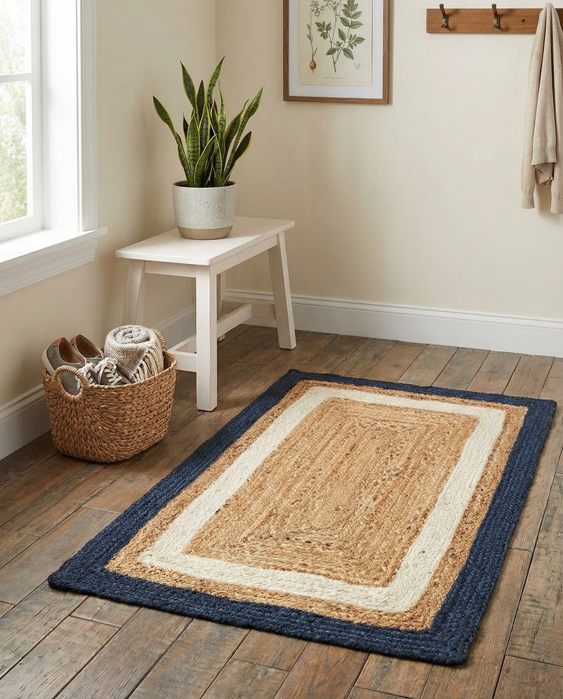 Woven Seaside Jute Collection Area Rug - Nantucket Rectangle Navy Blue White Natural  lifestyle 11