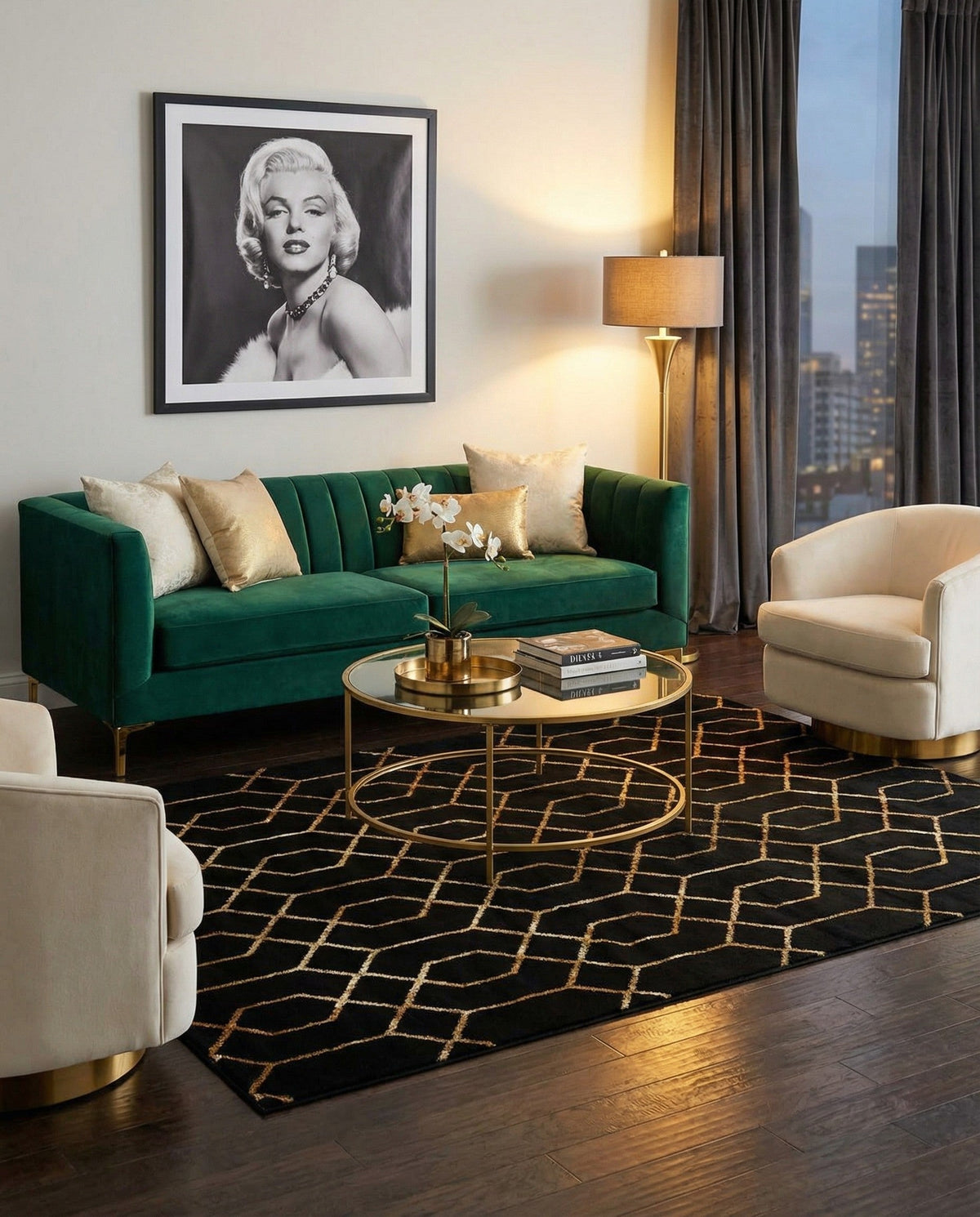 Hollywood Luxe Collection Area Rug - Sunset Rectangle Black and Gold  lifestyle 90