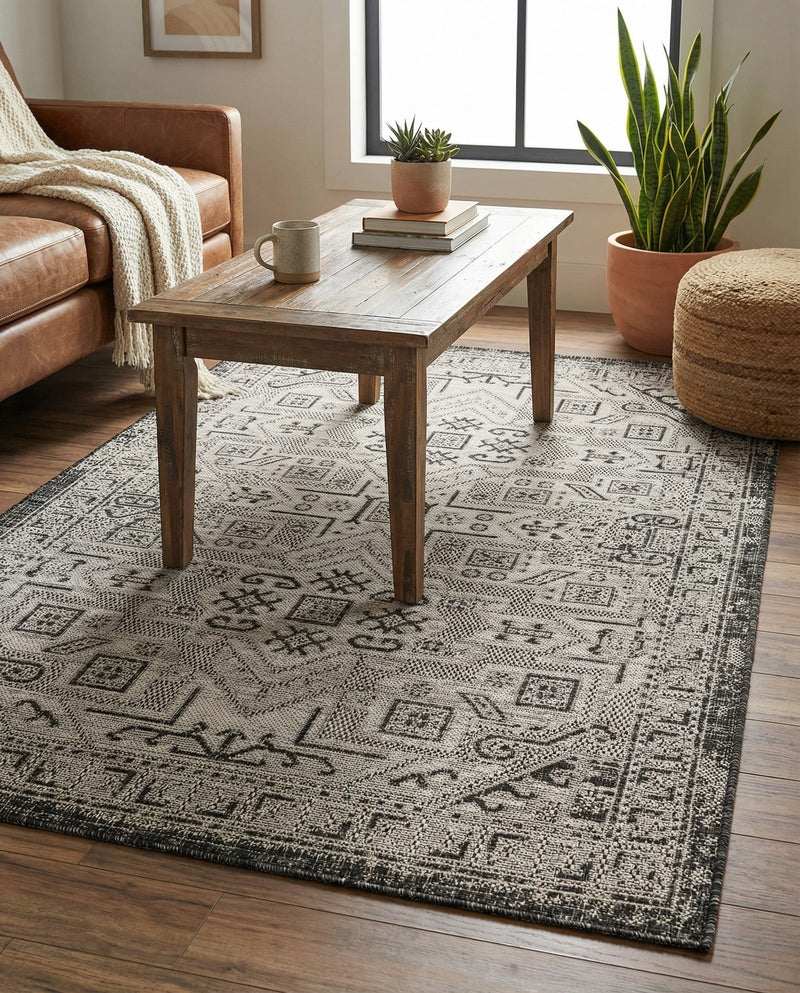 Tribal Terrace Treasures Collection Area Rug - Mayan Marina (Charcoal Gray) Rectangle Charcoal Gray  lifestyle 22