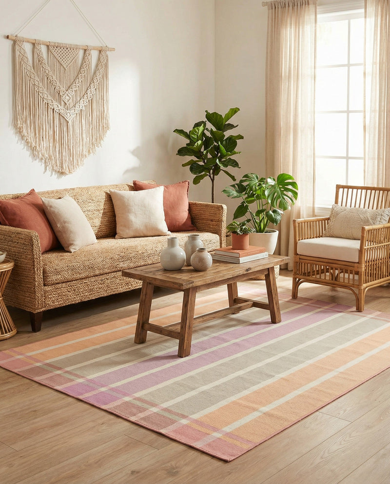Seaside Stripes Collection Area Rug -  Coral Rectangle Pink and Lavender  lifestyle 51