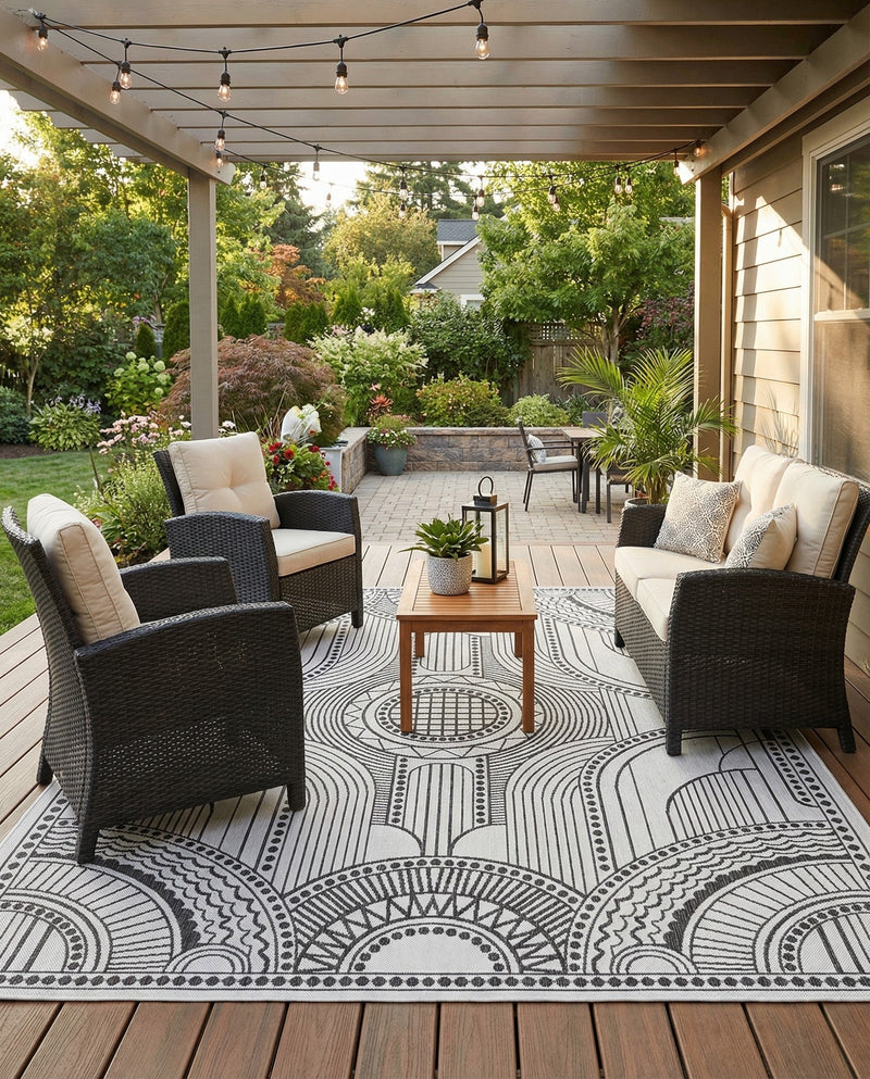 Patio Heritage Collection Area Rug -  Asheville Rectangle White and Black  lifestyle 6