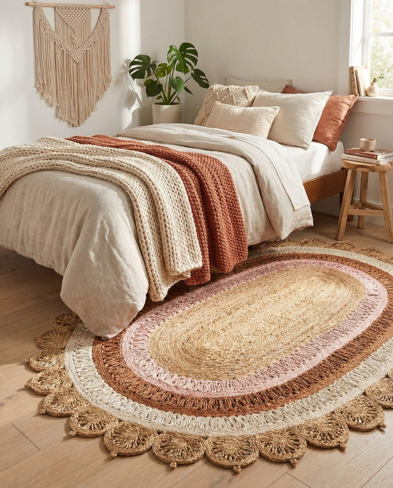 Woven Seaside Jute Collection Area Rug - Coastalhaven (Natural White Orange Pink) Oval Natural White Orange Pink  lifestyle 22