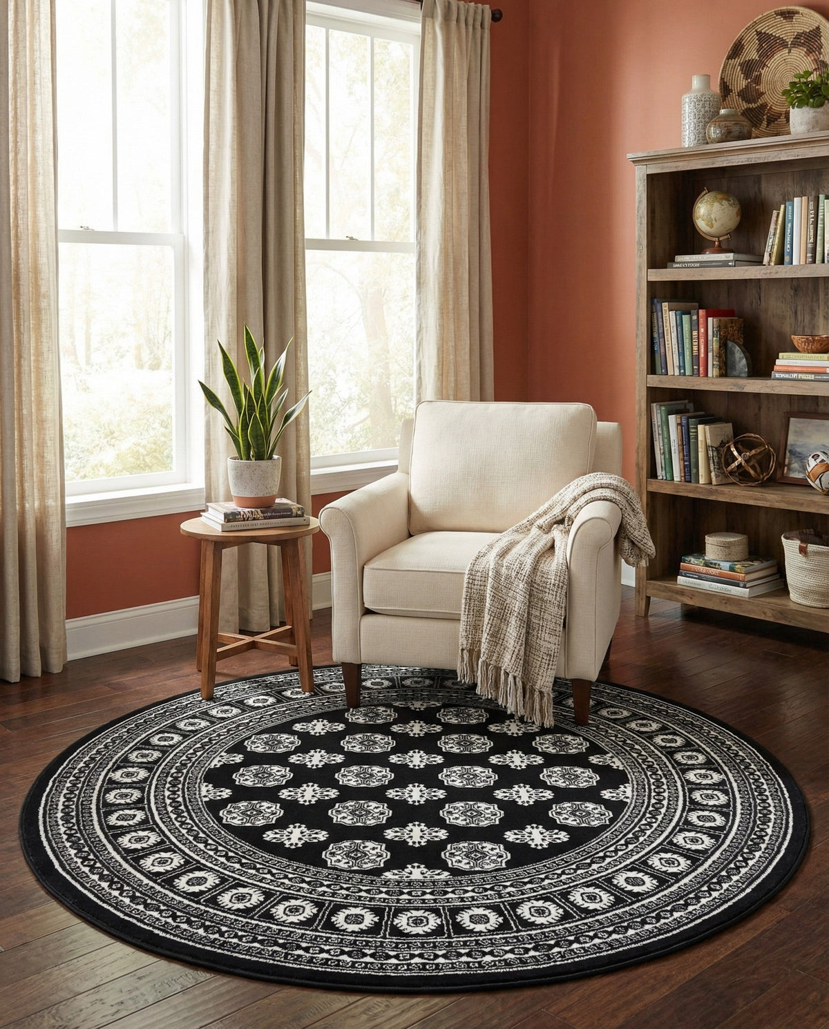 Samarkand Elegance Collection Area Rug -  Margilan (Black and White) Round Black and White  lifestyle 90