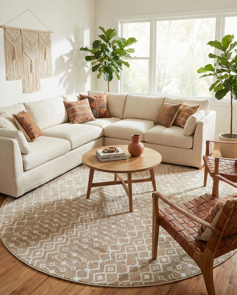 Marrakech Lattice Collection Area Rug - Medina (Beige) Round Beige  lifestyle 23