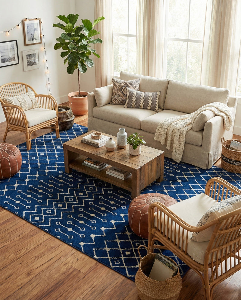 Mediterranean Lattice Collection Area Rug - Santorini (Navy Blue) Rectangle Navy Blue  lifestyle 6