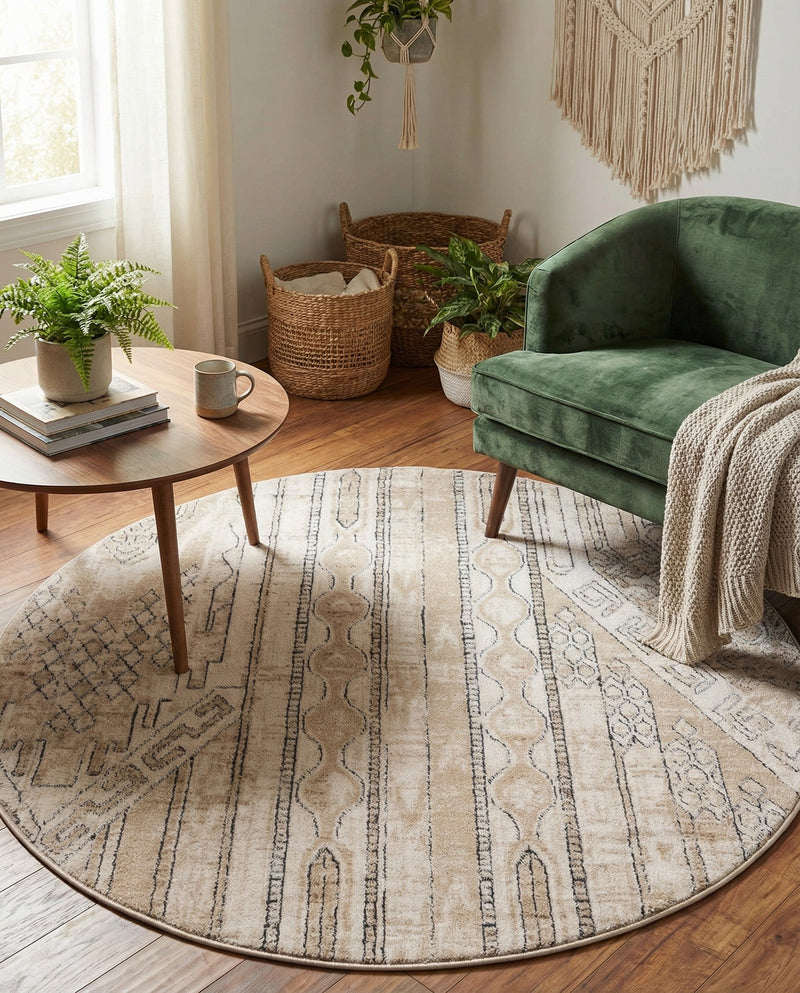Cascade Range Collection Area Rug - Hood (Ivory) Round Ivory  lifestyle 33