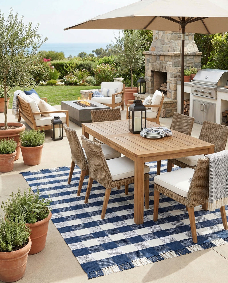Sustainable Grid Indoor-Outdoor Oasis Collection Area Rug - Savannah Rectangle Navy Blue  lifestyle 44