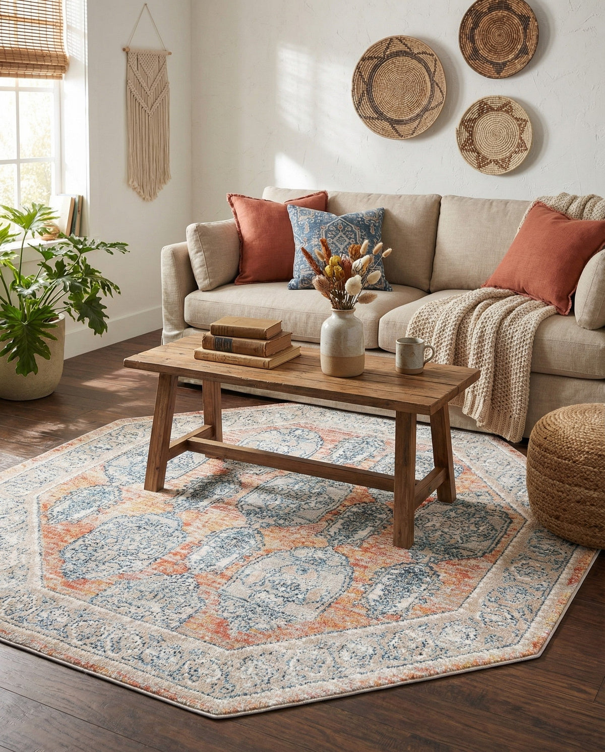 Seville Stripes Collection Area Rug -  Granada (Brick Red) Octagon Brick Red  lifestyle 70