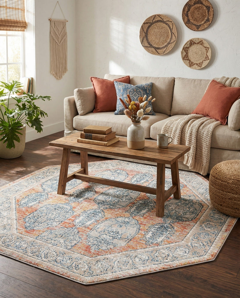 Seville Stripes Collection Area Rug -  Granada (Brick Red) Octagon Brick Red  lifestyle 70