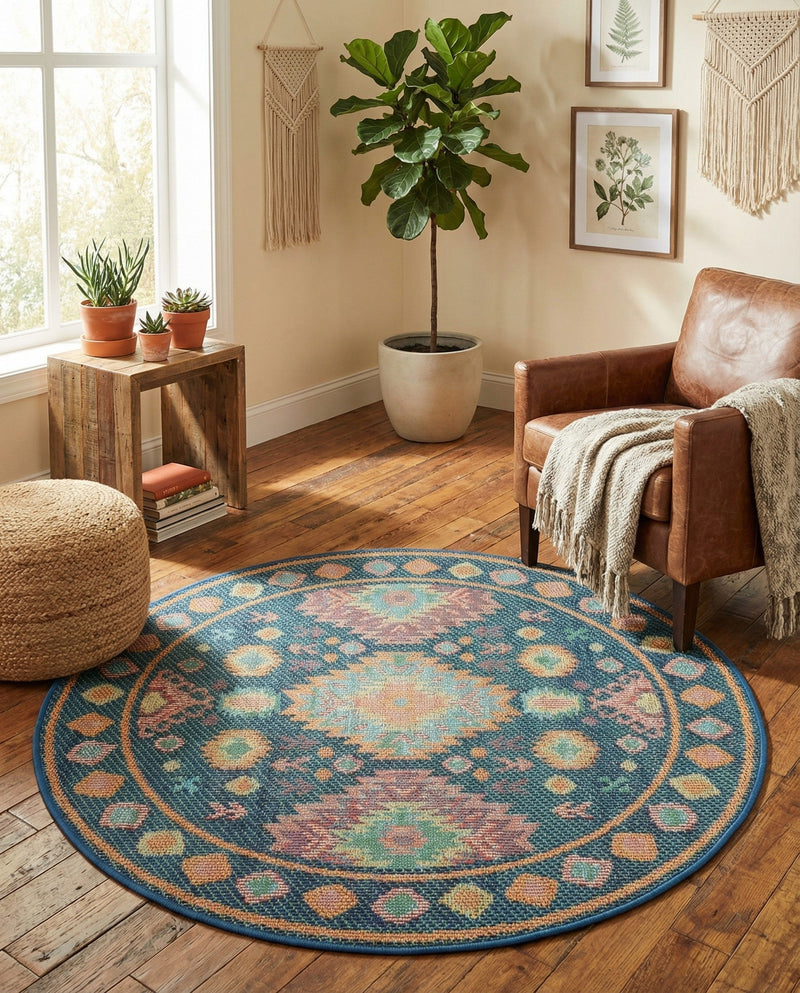Coastal Terrace Collection Area Rug -  Dunes Round Navy Blue  lifestyle 77