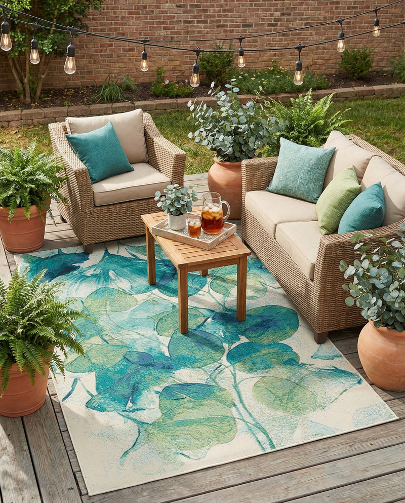 Seaside Blooms Collection Area Rug -  Flora Rectangle Blue Green  lifestyle 29