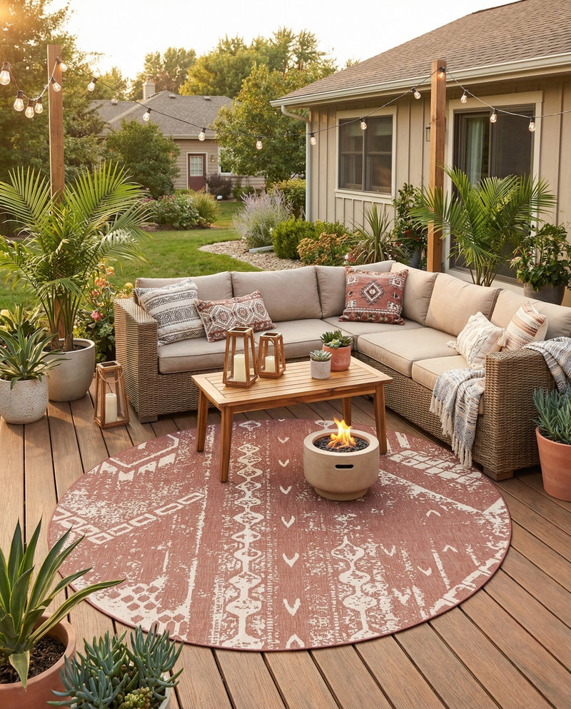 Desert Nomad Terrace Collection Area Rug - Sahara (Rust Red) Round Rust Red  lifestyle 67