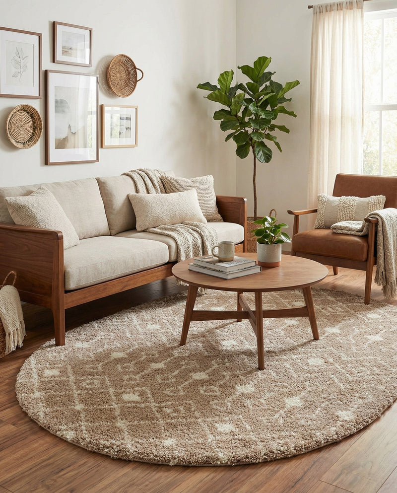 Berber Lattice Shag Collection Area Rug - Atlas (Light Brown) Oval Light Brown  lifestyle 28