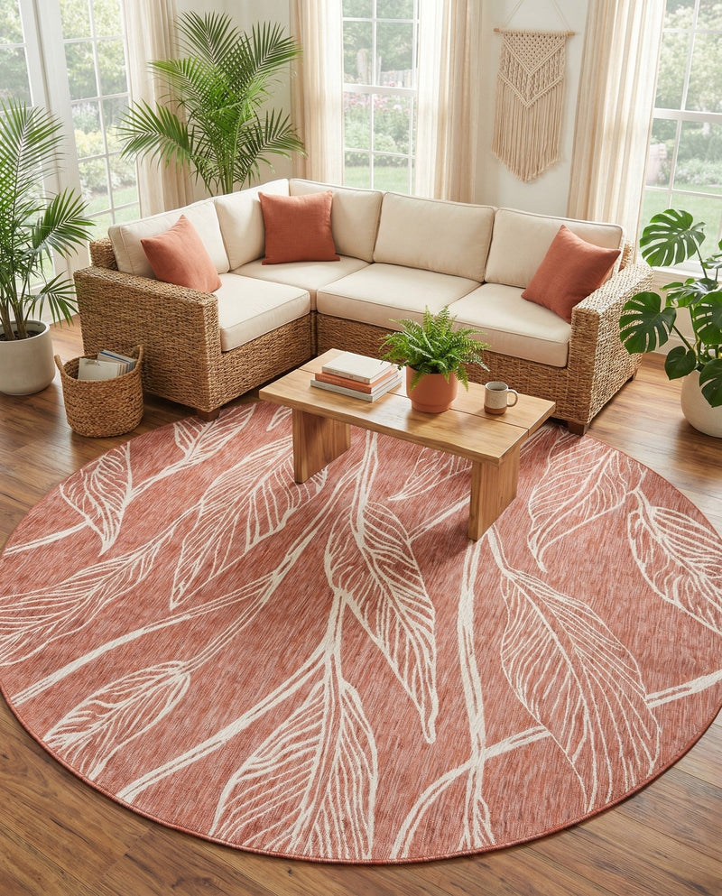 Seaside Blooms Collection Area Rug -  Evergreen (Rust Red) Round Rust Red  lifestyle 48