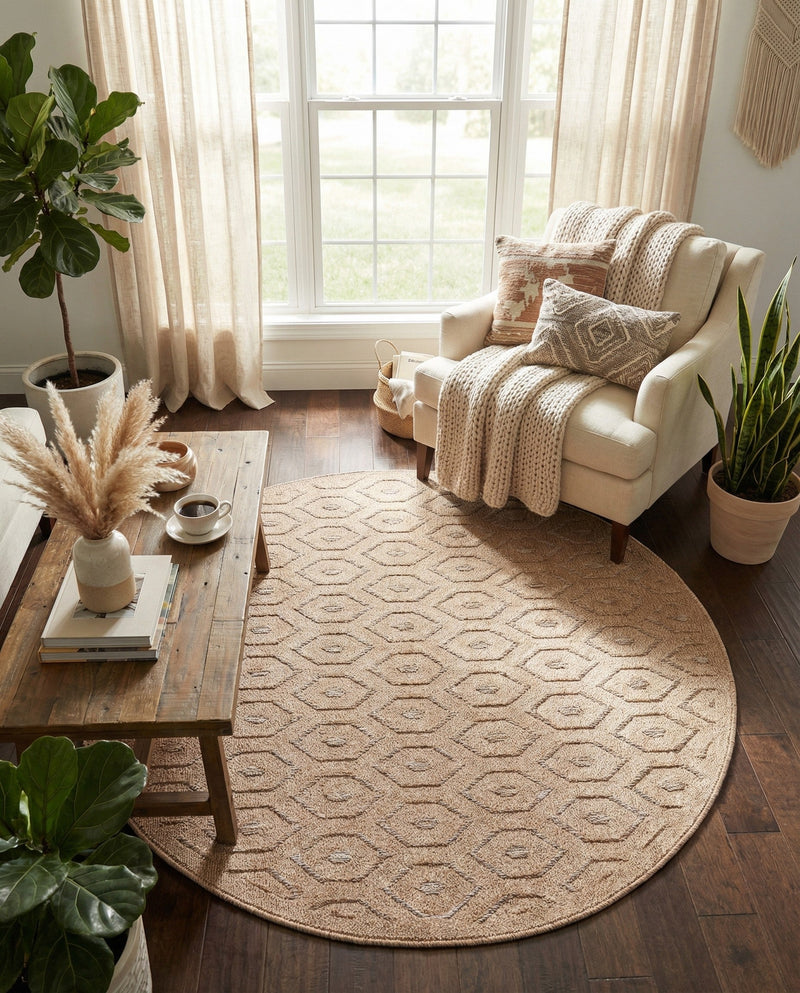 Garden Lattice Charm Collection Area Rug - Arbor (Beige) Round Beige  lifestyle 53