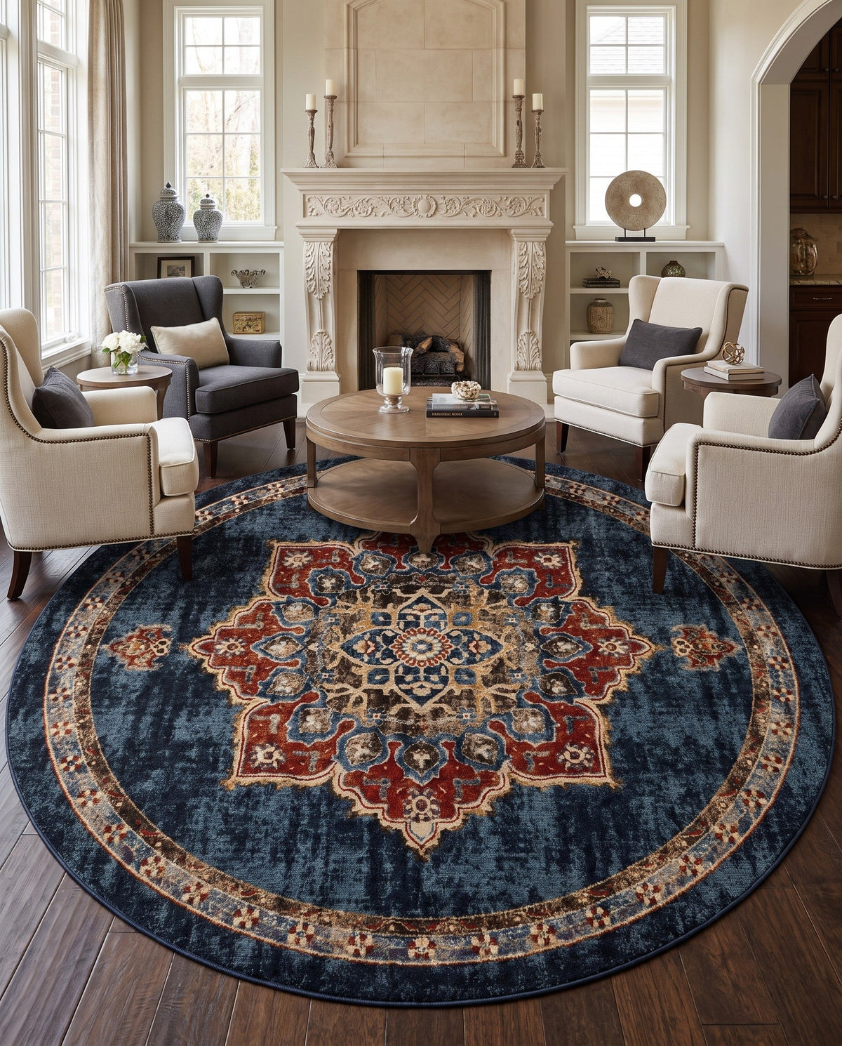 Eden Oasis Collection Area Rug -  Tranquility (Dark Blue) Round Dark Blue  lifestyle 87