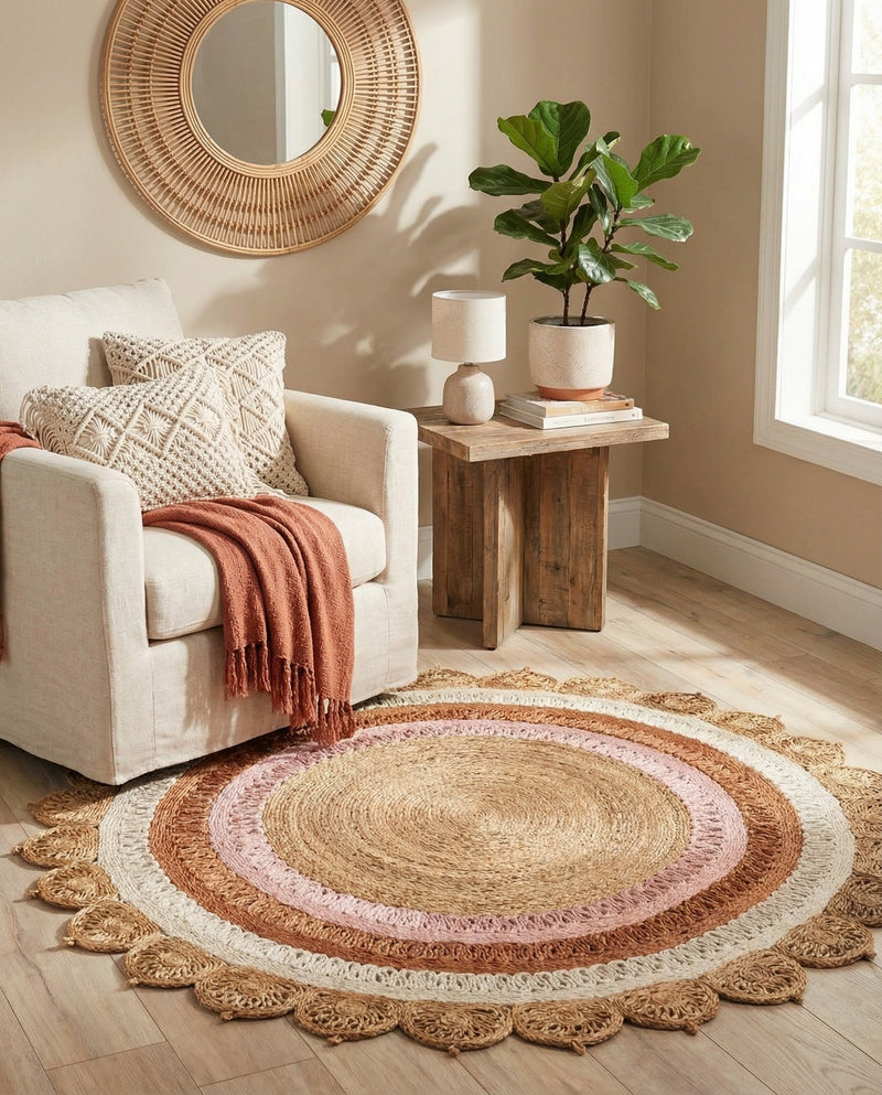 Woven Seaside Jute Collection Area Rug - Coastalhaven (Natural White Orange Pink) Round Natural White Orange Pink  lifestyle 8