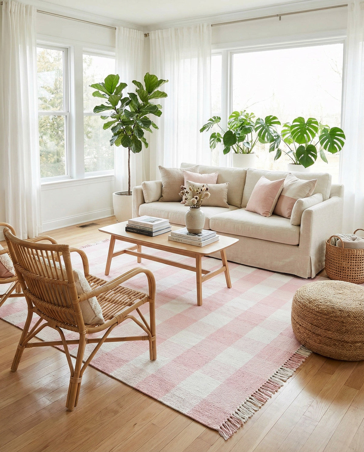 Sustainable Grid Indoor-Outdoor Oasis Collection Area Rug - Savannah Square Pink  lifestyle 192