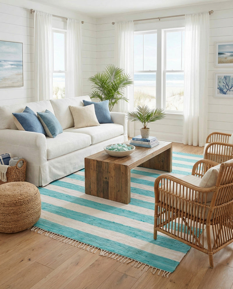 Tassel Trail Collection Area Rug - Pathway (Turquoise and Ivory) Rectangle Turquoise and Ivory  lifestyle 8