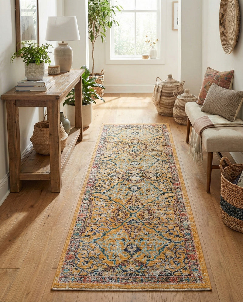 Seville Stripes Collection Area Rug -  Malaga (Yellow) Runner Yellow  lifestyle 76