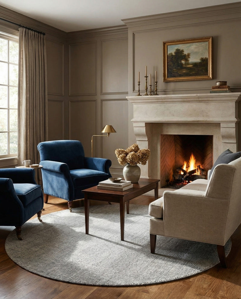 Berkshire Estate Collection Area Rug - Windsor (Grey Manor) Round Grey Manor  lifestyle 46