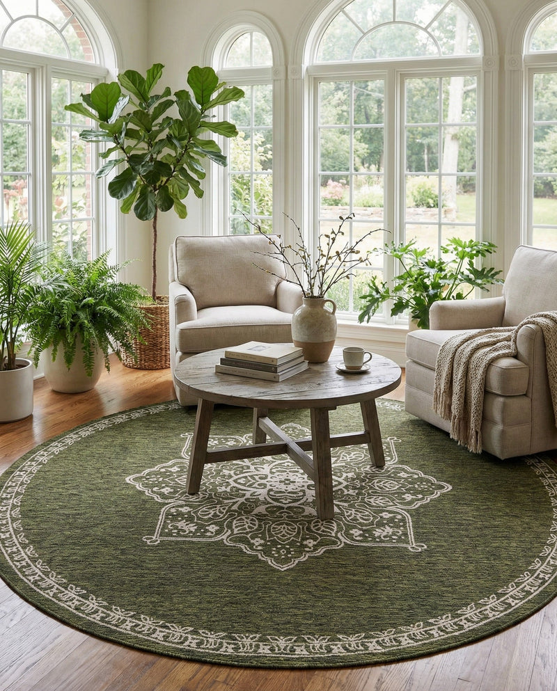 Patio Heritage Collection Area Rug -  Charleston (Green) Round Green  lifestyle 63