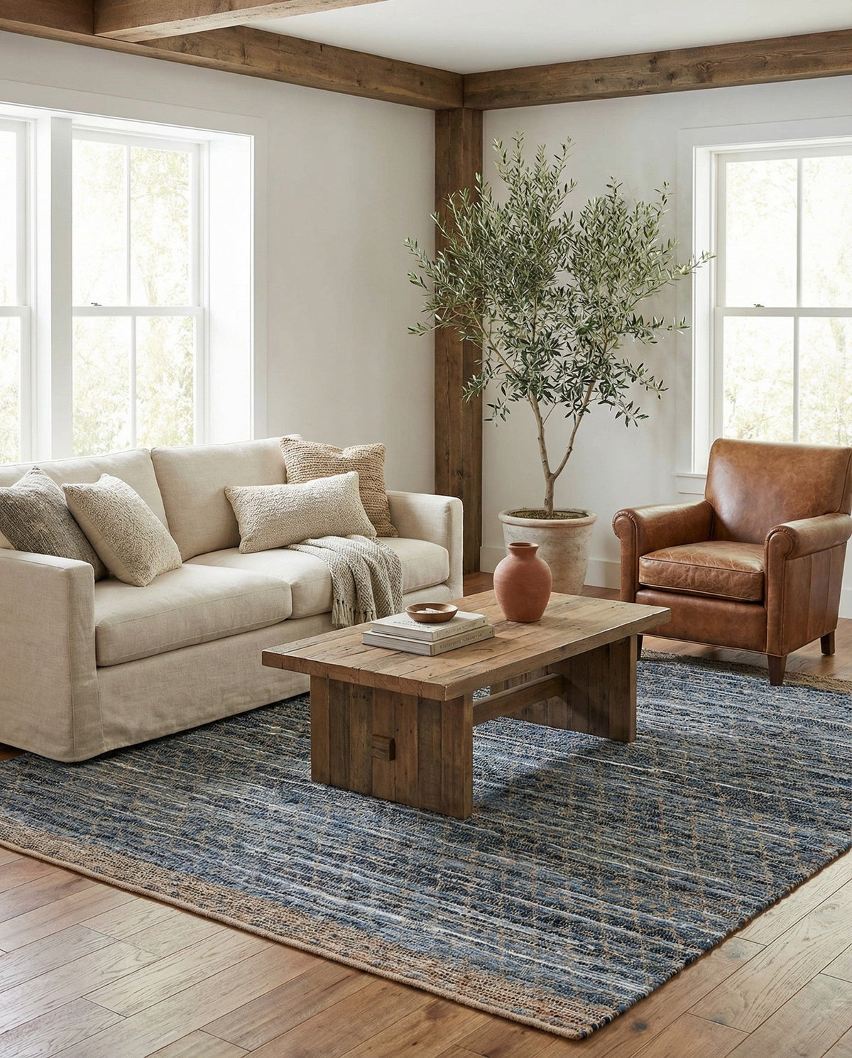 Tulum Trellis Collection Area Rug - Shoreline Square Denim blue  lifestyle 153