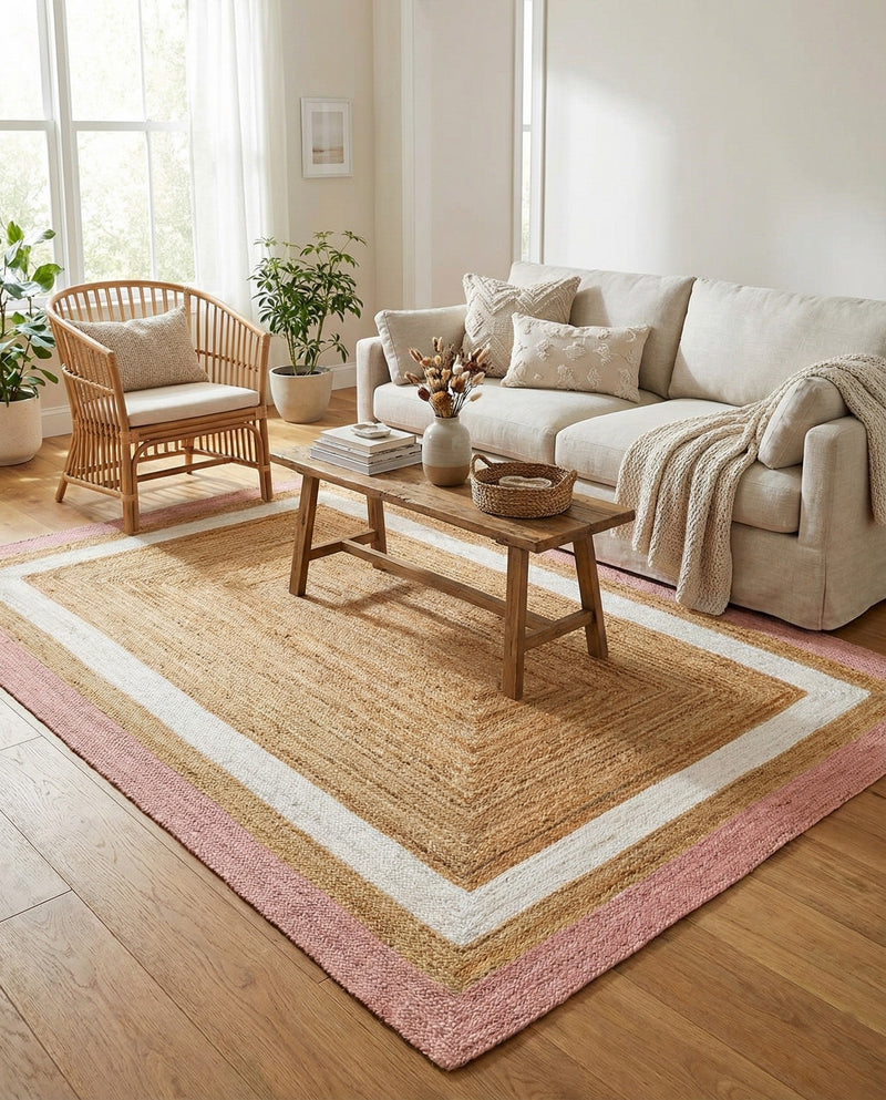 Woven Seaside Jute Collection Area Rug - Nantucket Rectangle Pink White Natural  lifestyle 24