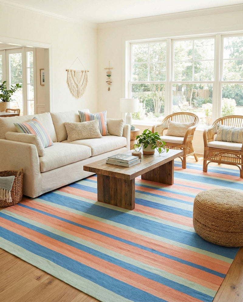 Coastal Stripe Dhurrie Collection Area Rug - Seashore Rectangle Multi  lifestyle 6