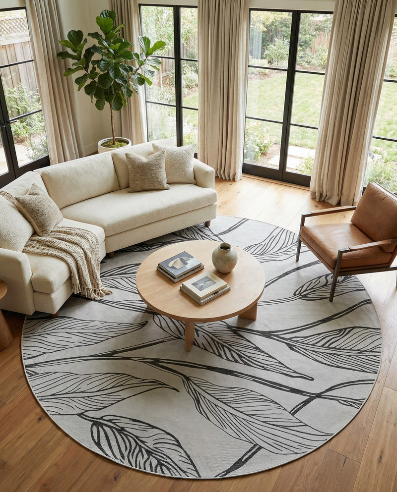 Seaside Blooms Collection Area Rug -  Evergreen (Charcoal Ivory) Round Charcoal Ivory  lifestyle 39