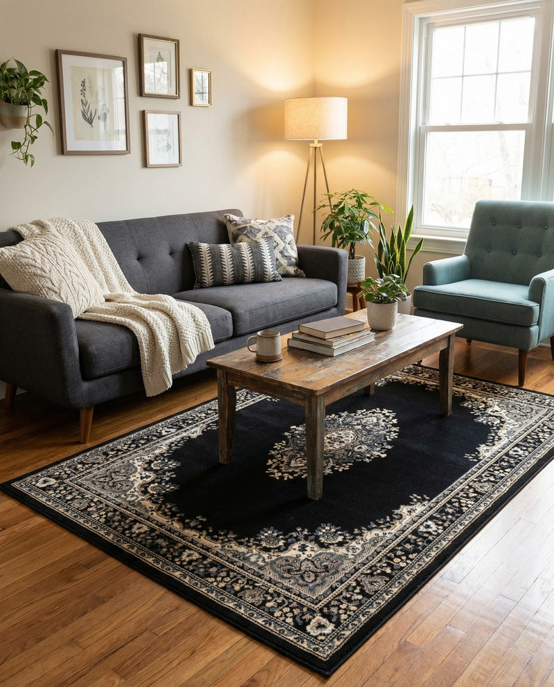 Tabriz Tapestry Collection Area Rug - Azerbaijan (Black) Rectangle Black  lifestyle 7
