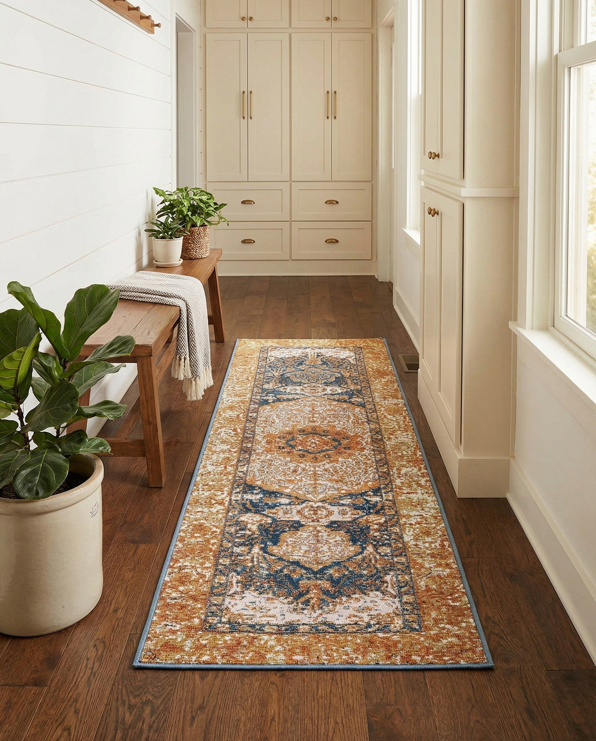 Patio Heritage Collection Area Rug -  Courtyard Runner Navy Blue and Light Pink  lifestyle 87