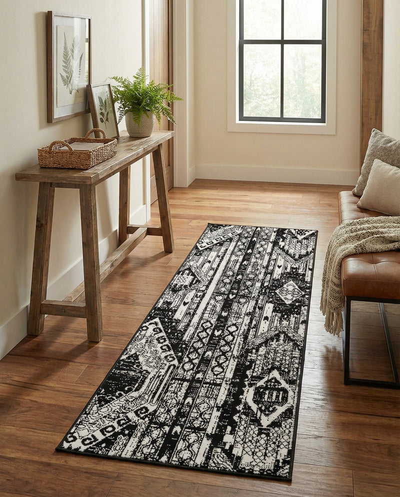 Cascade Range Collection Area Rug - Hood (Black and White) Runner Black and White  lifestyle 32