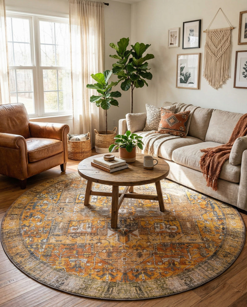 Heritage Elegance Collection Area Rug -  Windsor (Yellow) Round Yellow  lifestyle 43
