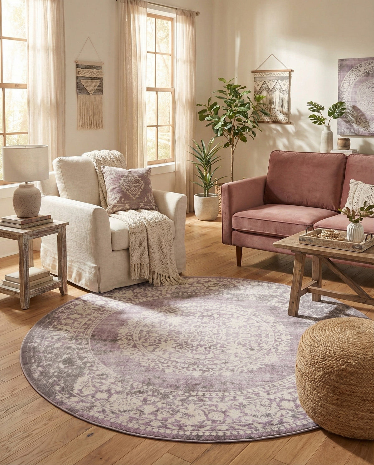 Rustic Charm Revival Collection Area Rug -  Meadowland Round Purple  lifestyle 110