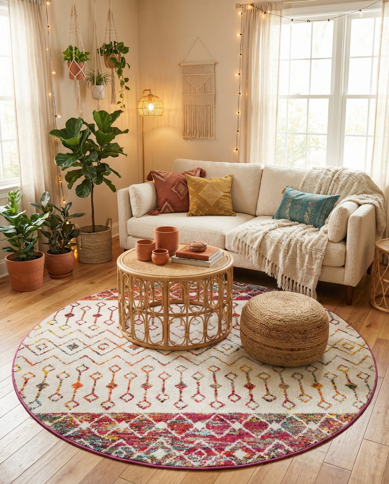Mediterranean Lattice Collection Area Rug -  Casablanca (Ivory Multi) Round Ivory Multi  lifestyle 48