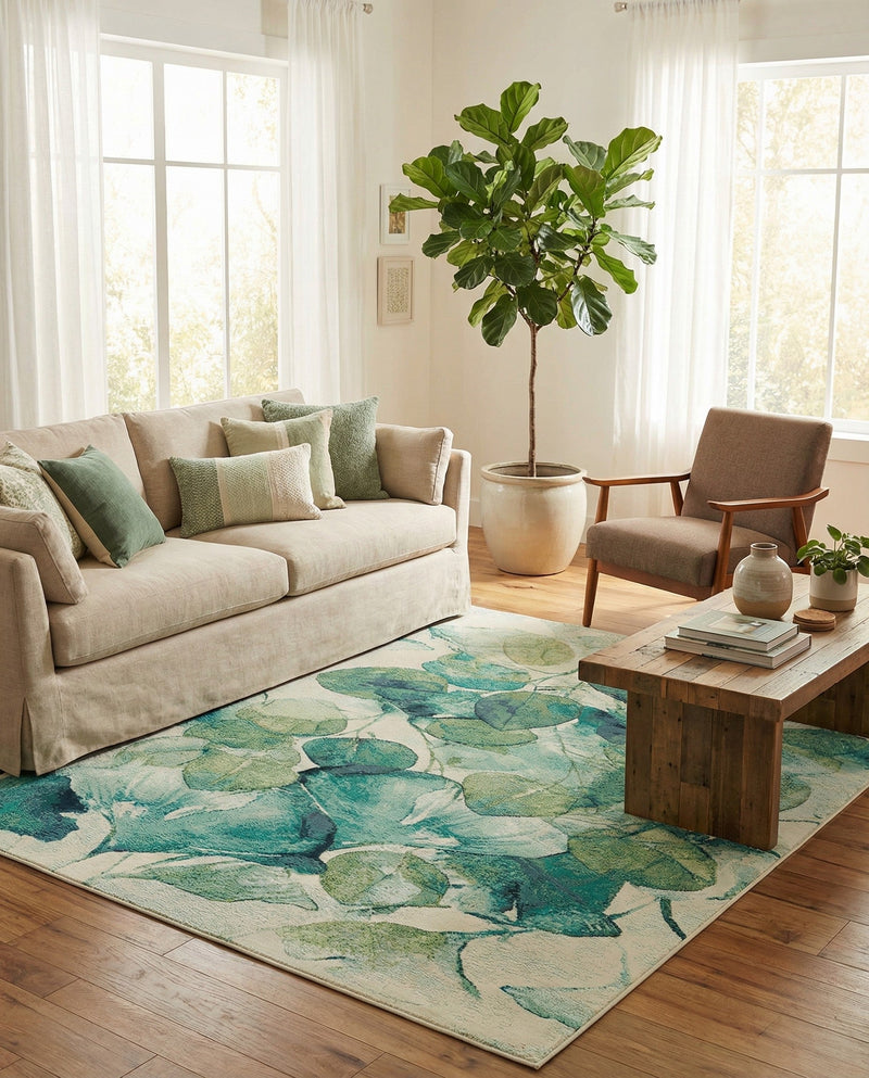 Seaside Blooms Collection Area Rug -  Flora Rectangle Blue Green  lifestyle 35
