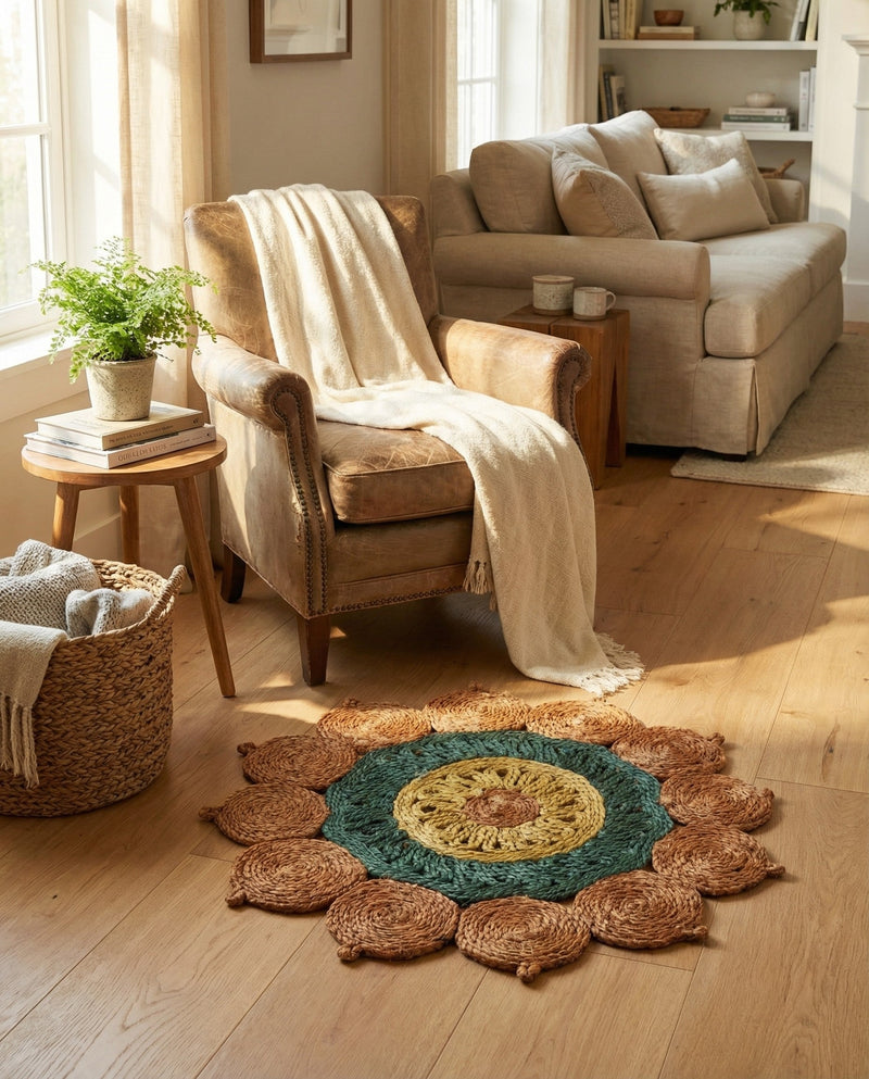 Woven Seaside Jute Collection Area Rug - Coastalhaven (Orange Green Yellow) Round Orange Green Yellow  lifestyle 14