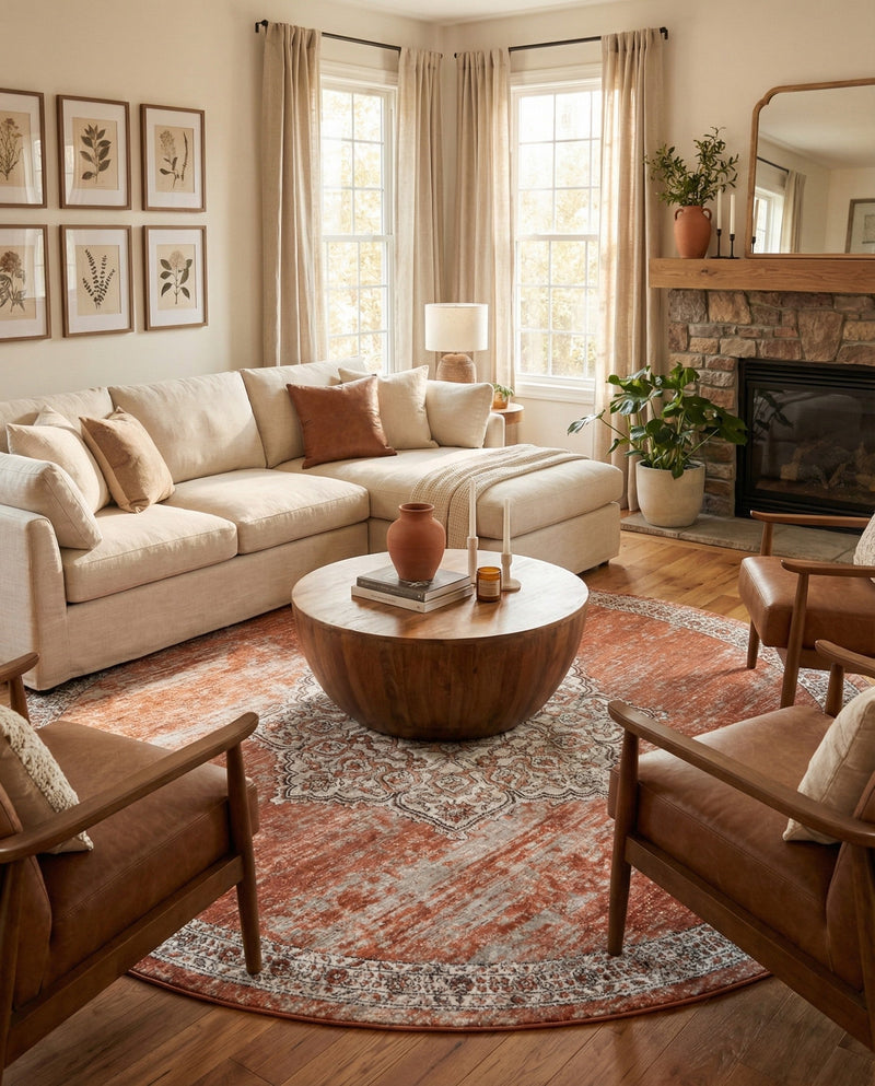 Mykonos Manor Collection Area Rug -  Tinos (Salmon Pink) Round Salmon Pink  lifestyle 56