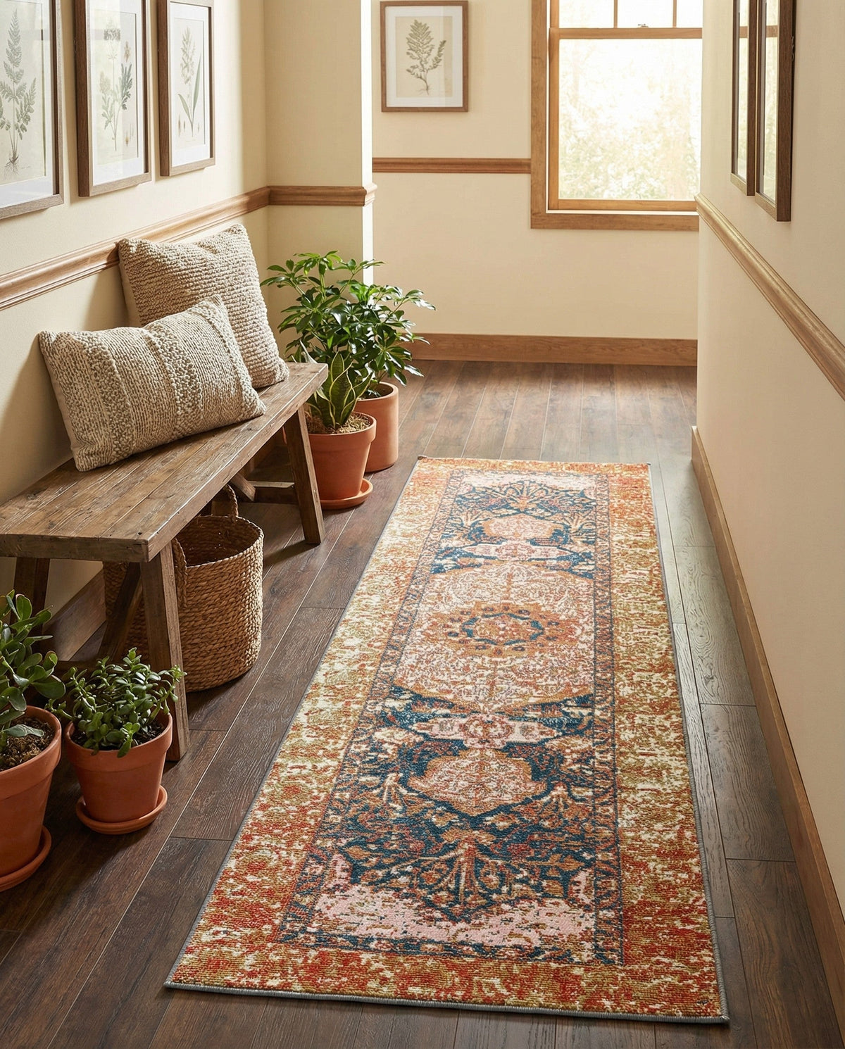 Patio Heritage Collection Area Rug -  Courtyard Runner Navy Blue and Light Pink  lifestyle 91