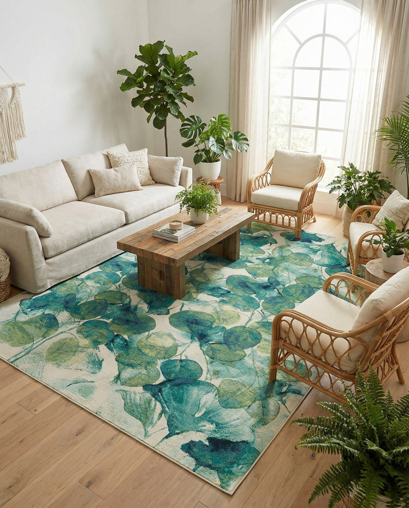 Seaside Blooms Collection Area Rug -  Flora Rectangle Blue Green  lifestyle 48