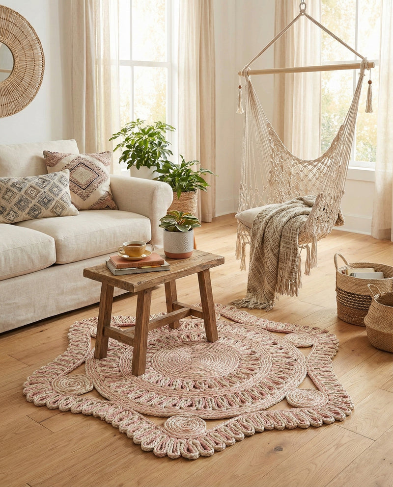 Woven Seaside Jute Collection Area Rug - Nantucket Round Pink and White  lifestyle 29